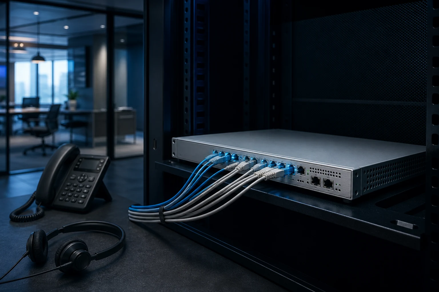 Dedykowany serwer telefonii PBXCenter połączony z telefonem i zestawem słuchawkowym